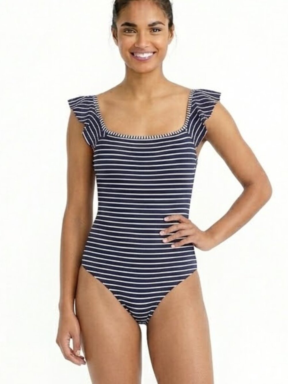 Vince Camuto Black White ruffle Striped One-Piece Swimsuit Size 10 NWT V97557